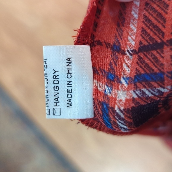 Altar'd State red plaid sheer roll-tab sleeve button-up blouse w/ lace panel, L - Picture 6 of 6